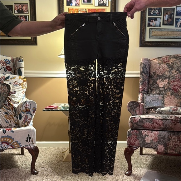 Oasis Denim - VINTAGE OASIS size 12 black rhinestone denim jeans/shorts w/sheer lace on bottom